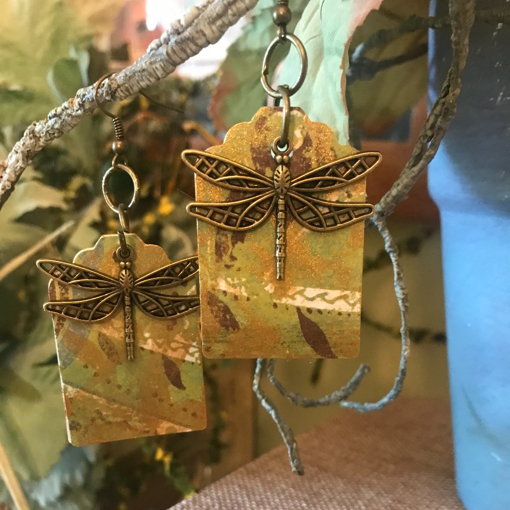 “Save The Planet” Artsy Handmade Dragonfly Dangle Upcycled Paper Earrings